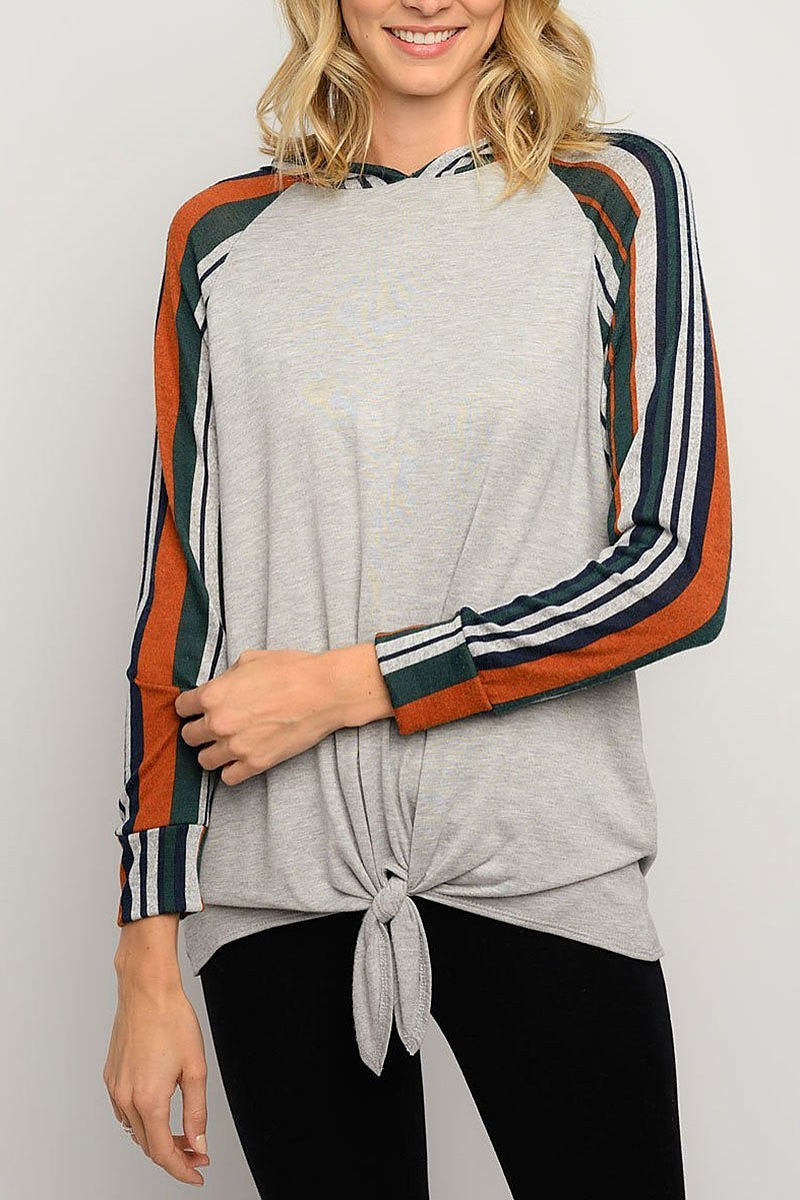 Stripe waist tie color block hoodie top (EDWT3242)