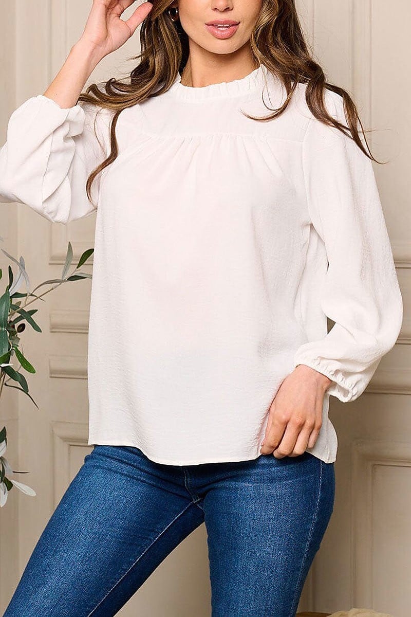 Long sleeve ruffle neck detailed blouse top (EFWT5497)