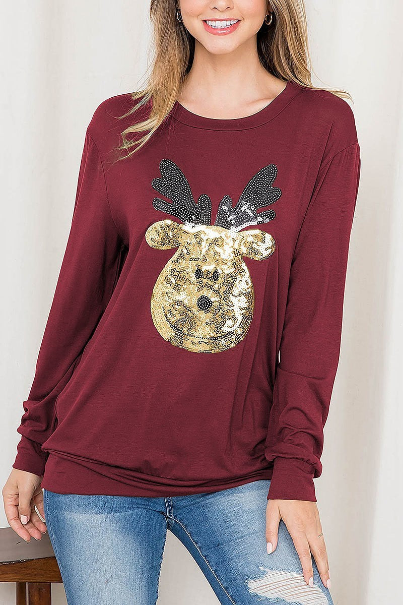 Sequin moose print long sleeve top (EF2700)