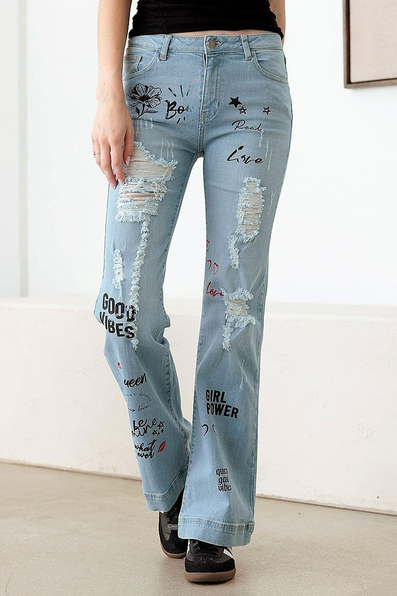 Mid waist slogan graphic print flare denim pants (TED2971)