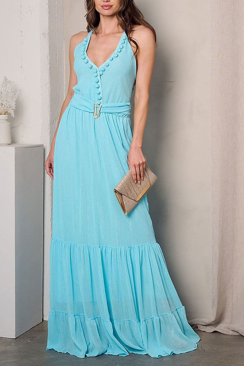 V-neck open back tiered maxi dress (EFWT2774)