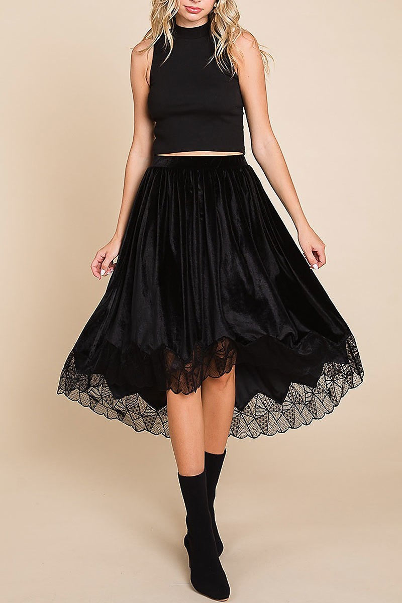 Velvet elastic waistband hi-low midi skirt w lace (EDH1827)