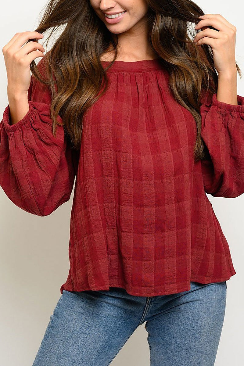 Long sleeve round neck plaid top (EDWT2806)