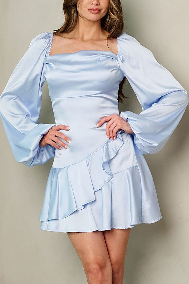 Long puff sleeve square neck satin mini dress (EFWT2590)