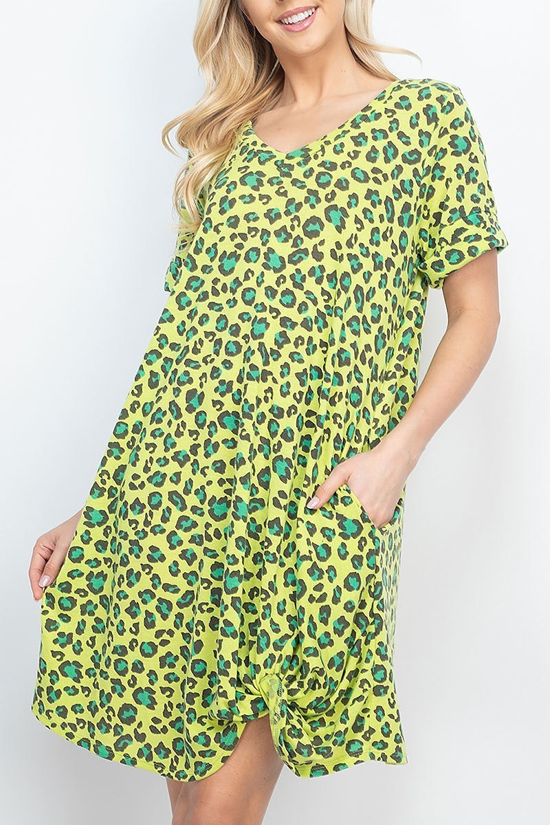 Rolled sleeve twist front hem leopard pocket dress (DED6577)