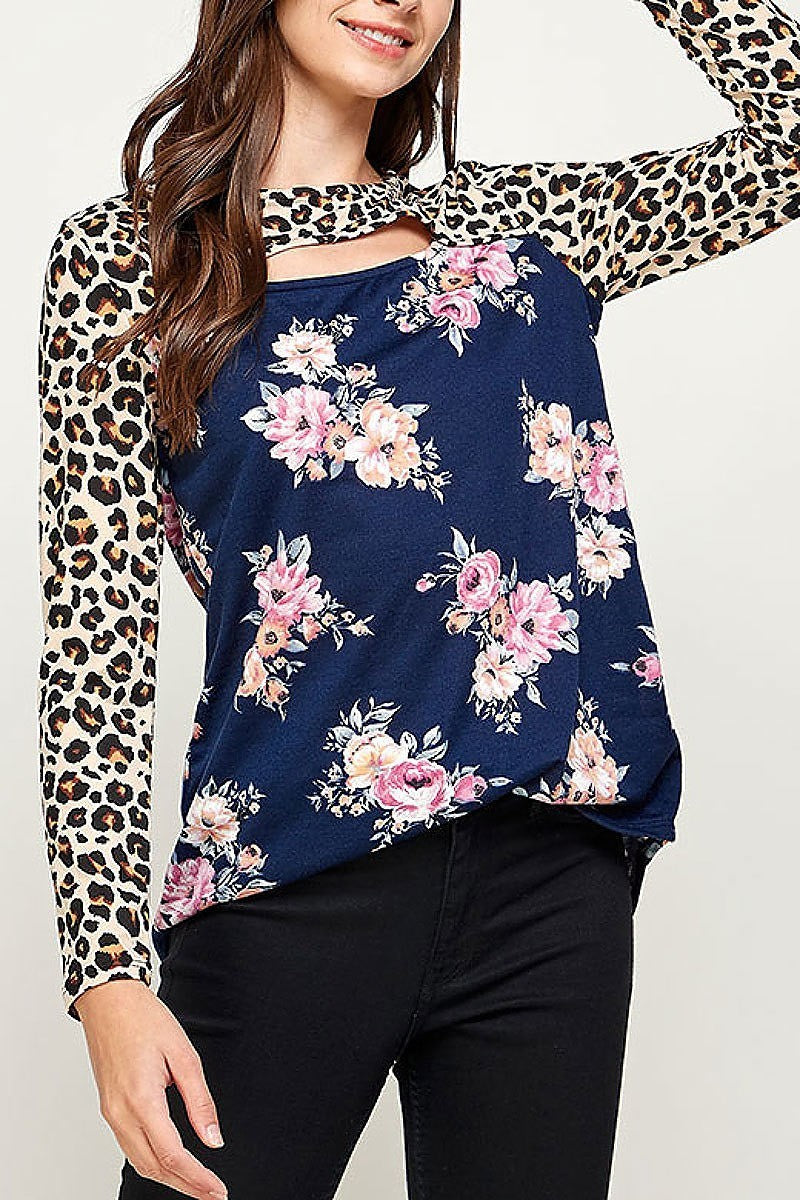 Animal floral pritn cutout front color block top (EF2381)