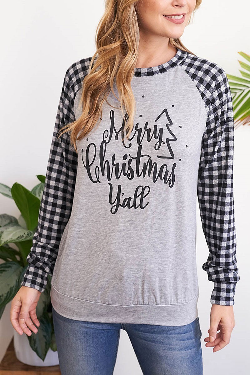 Plaid raglan merry christmas print top (EF2533)