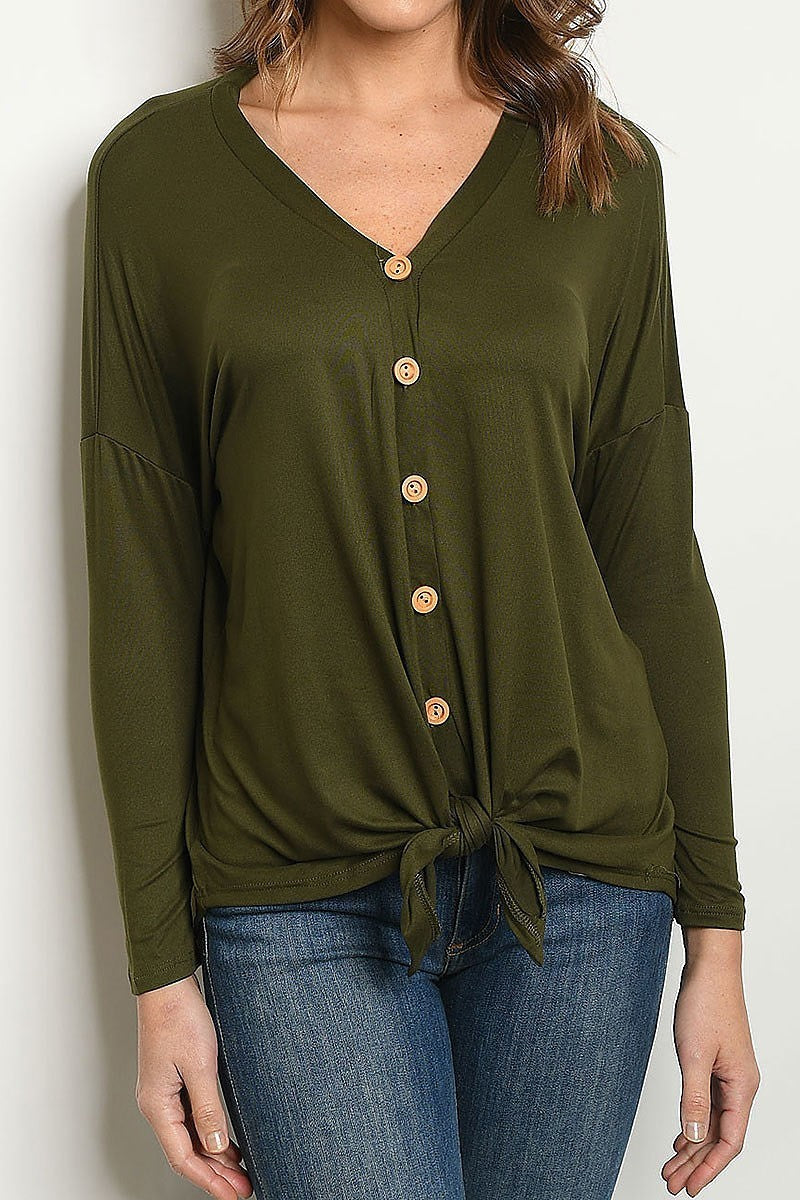 Waist tie button front v neck top (ED7768-LAST)