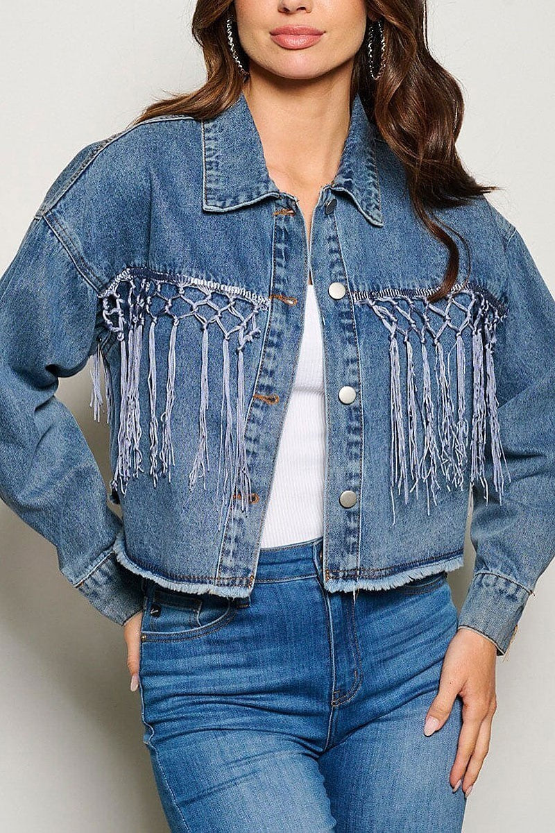 Button closure fringe howdy pockets denim jacket (EGWT1416)