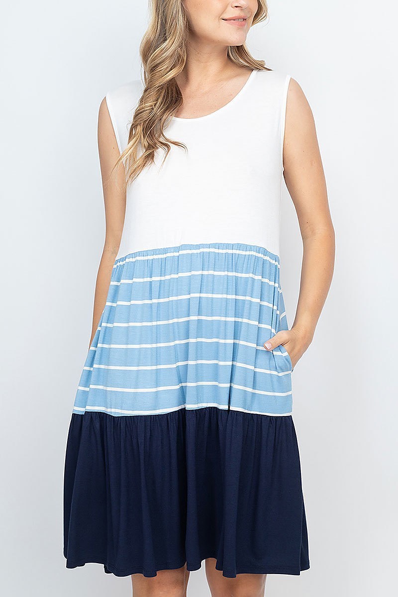 Color block stripe contrast sleeveless pocket dress (DED6746)