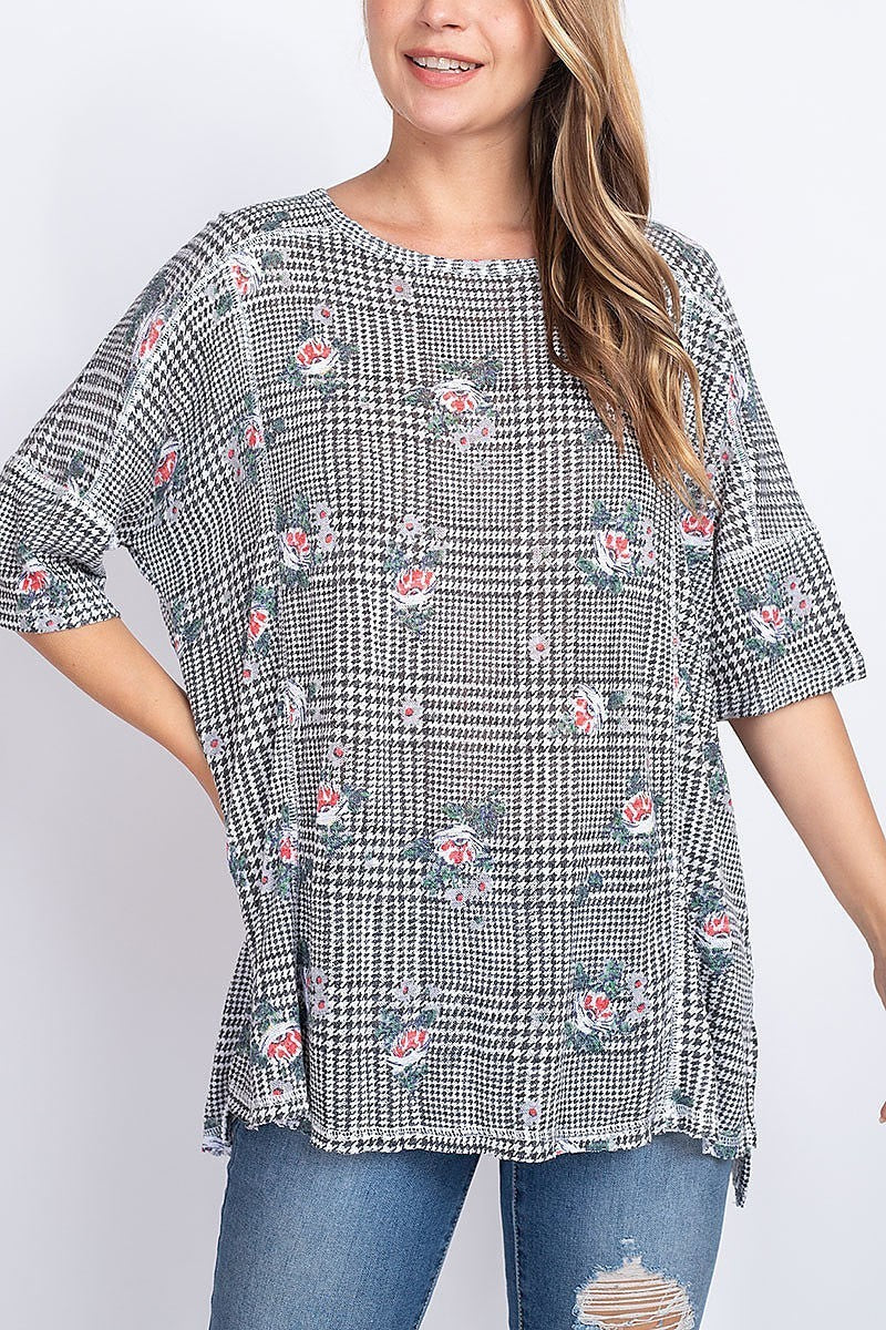 Floral and plaid loose fit top (EF1908)