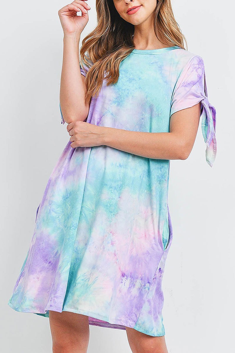 Tie sleeve round neck tie dye dress with inseam pocket (DED6587)