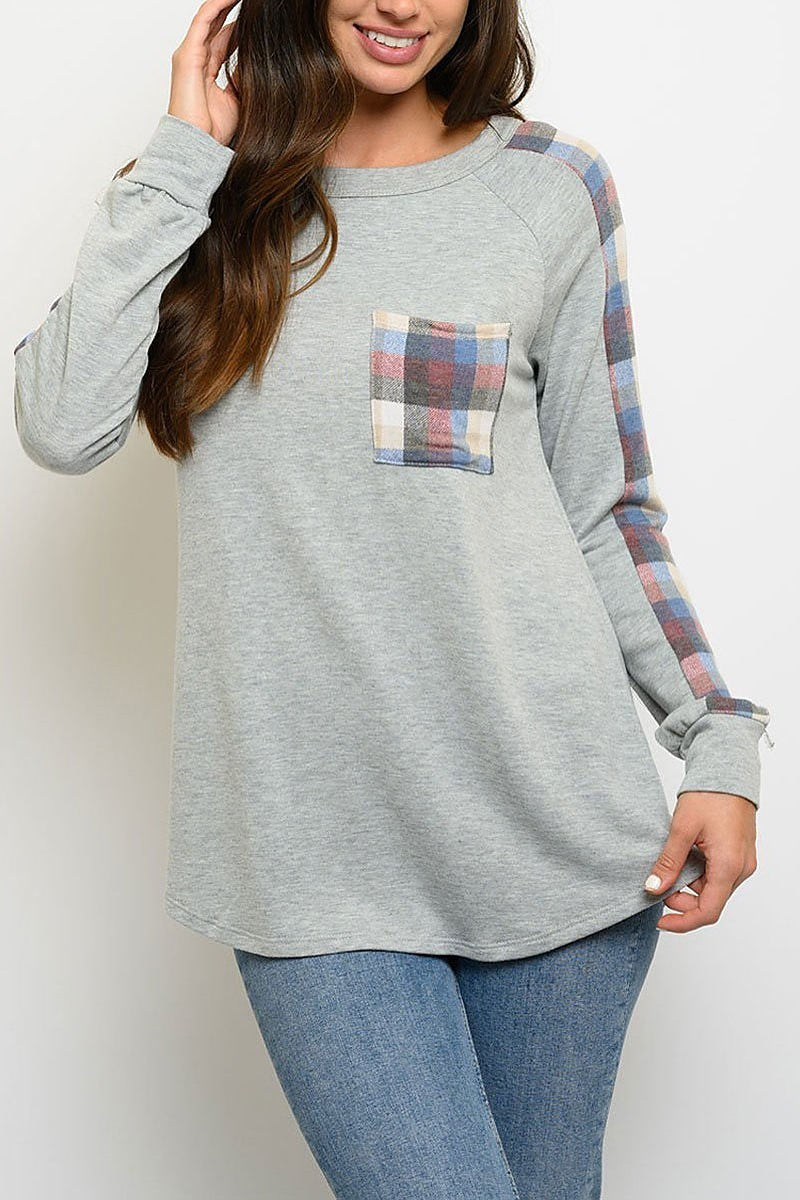 Plaid long sleeve front pocket top (EDWT3177)