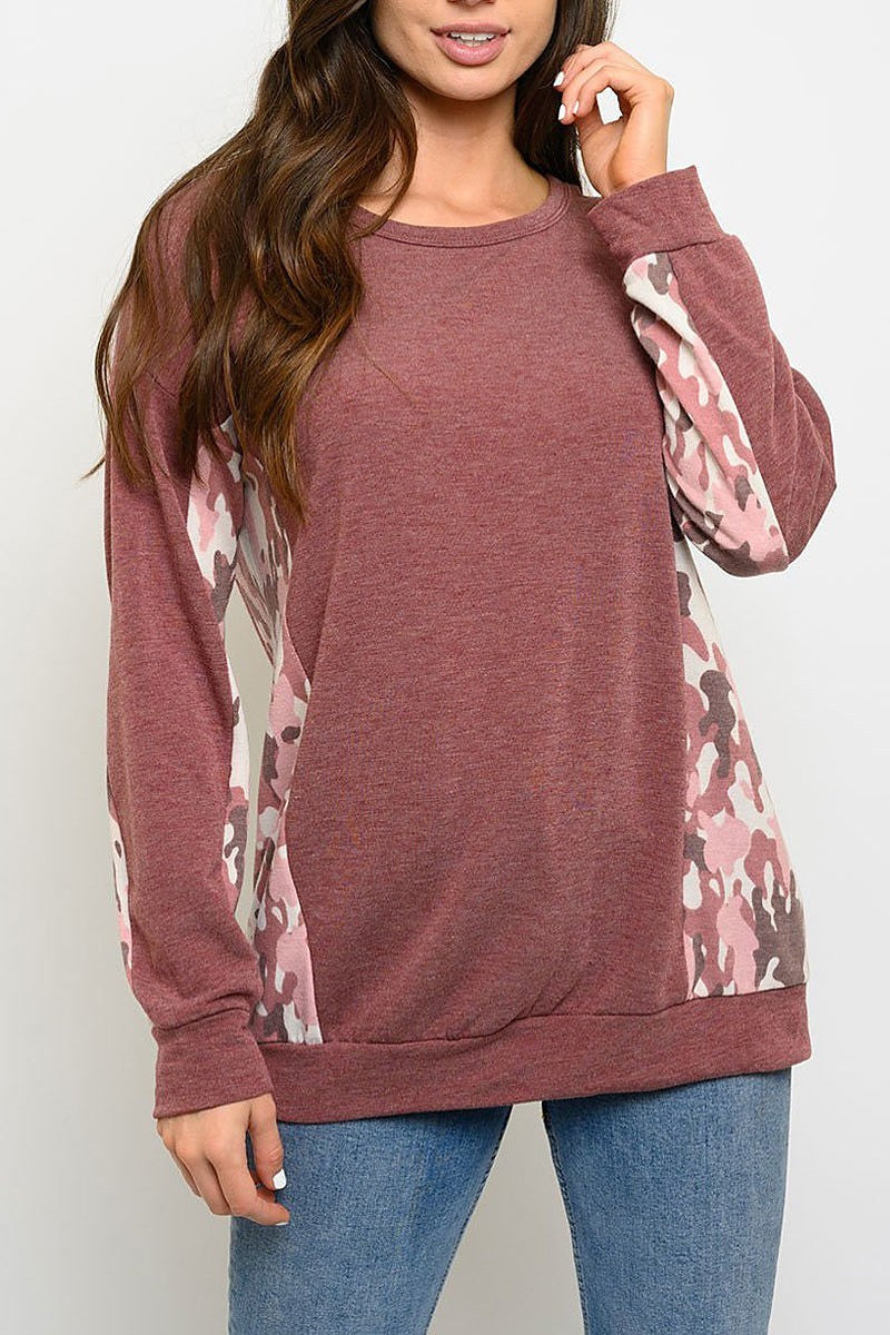 Long sleeve camo color block top (EDWT3067-1)