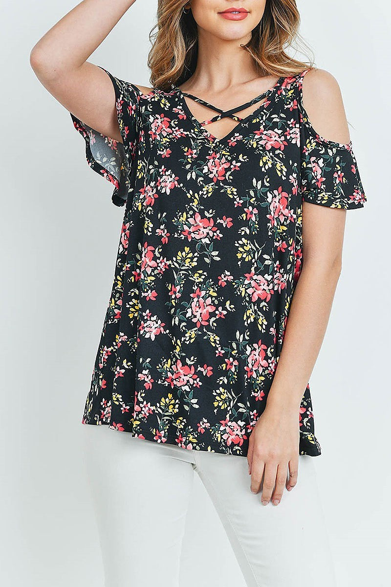 Floral cold shoulder crisscross neckline top (ED8831)