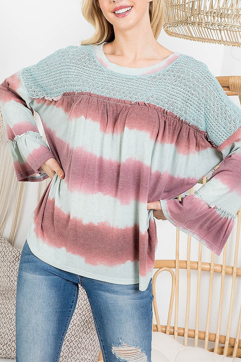 Tie dye bell sleevve crochet contrast top (EF2836)