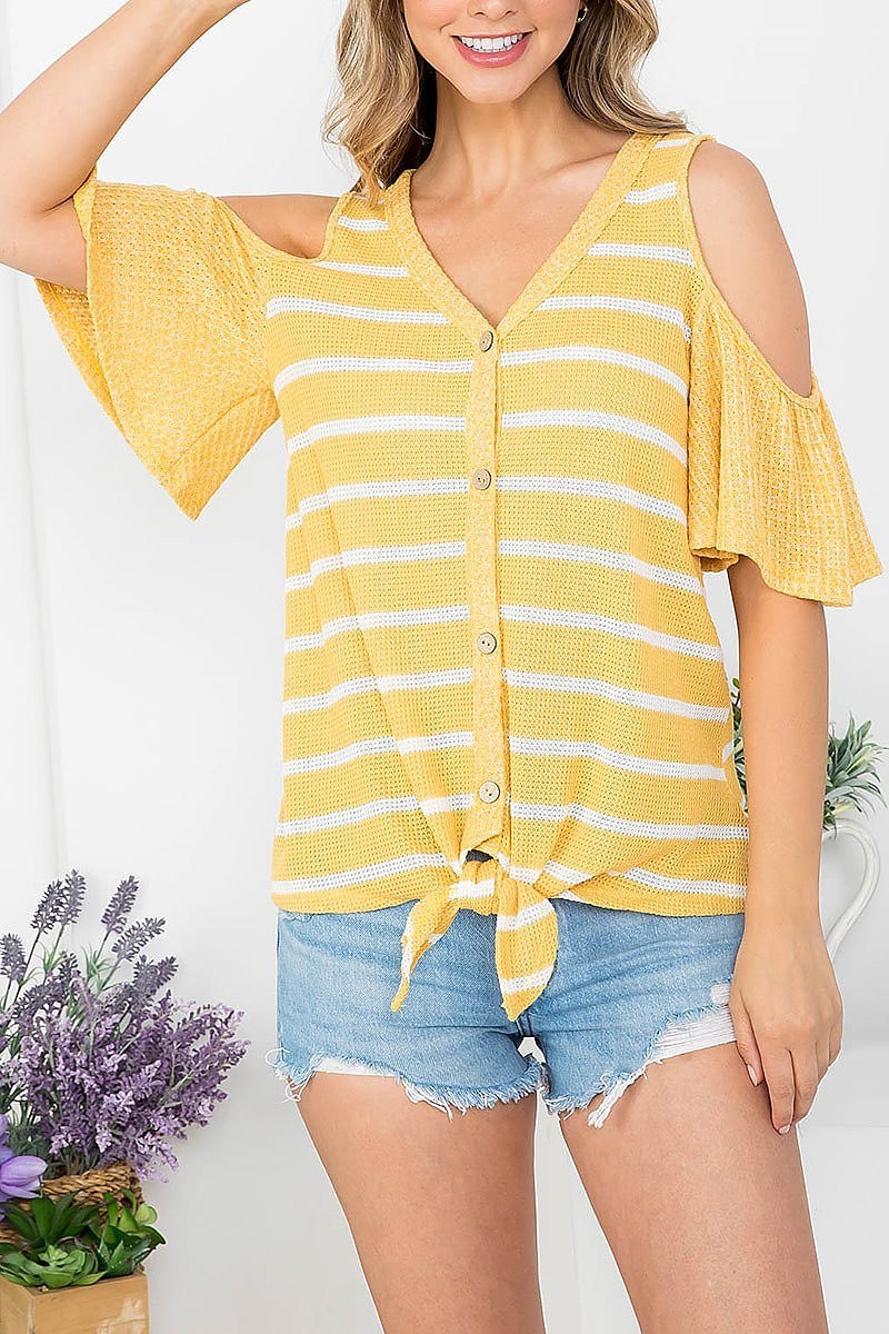 Button front cutout shoulder stripe top (EF4233)