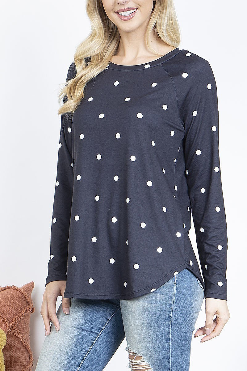 Long sleeve round neck polka dot top (EF4896)