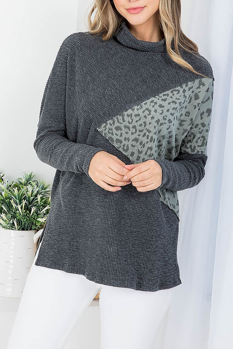 Animal print cowl neck long sleeve ribbed top (DGS5686)