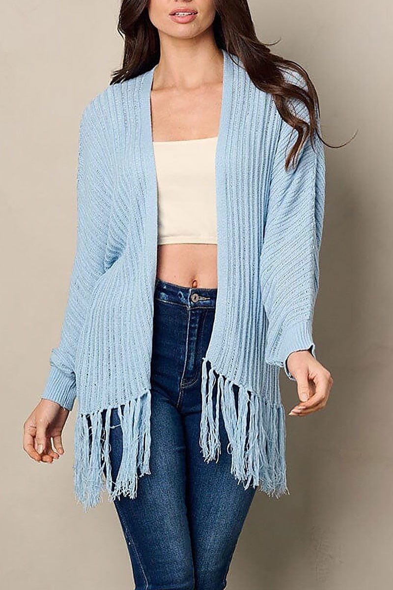 Long sleeve open front fringe cardigan (EFWT1921)