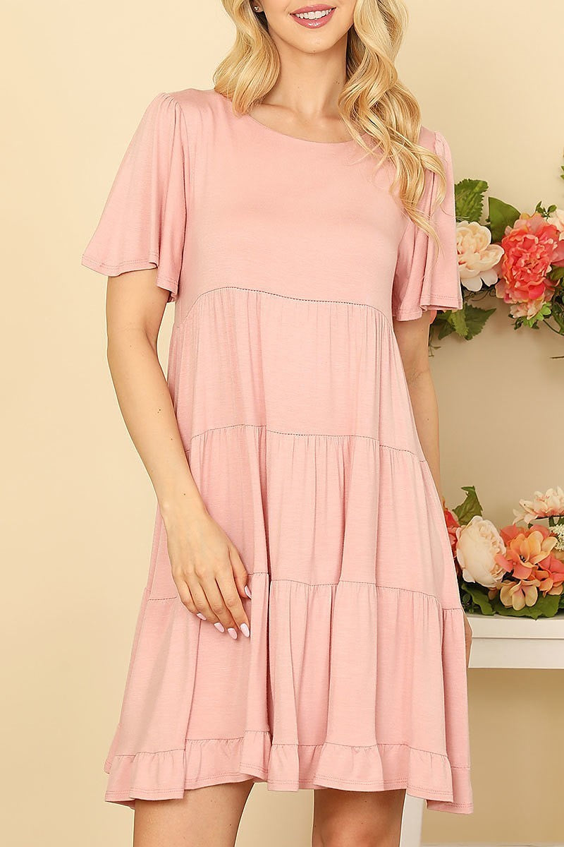 Ruffle short sleeve tiered solid dress (DED9451)