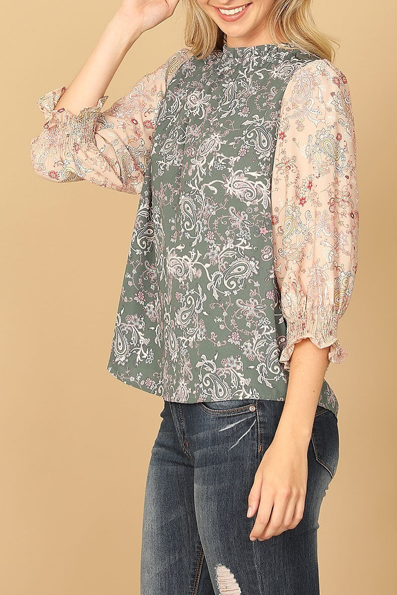 Paisley smocked half sleeve contrast top (EF7863)