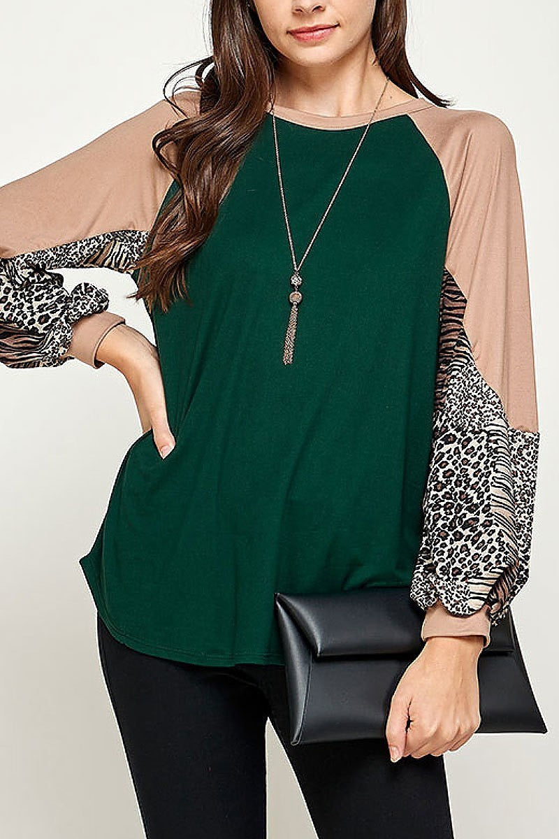 Mix animal print color block bubble sleeve top (EF2380)