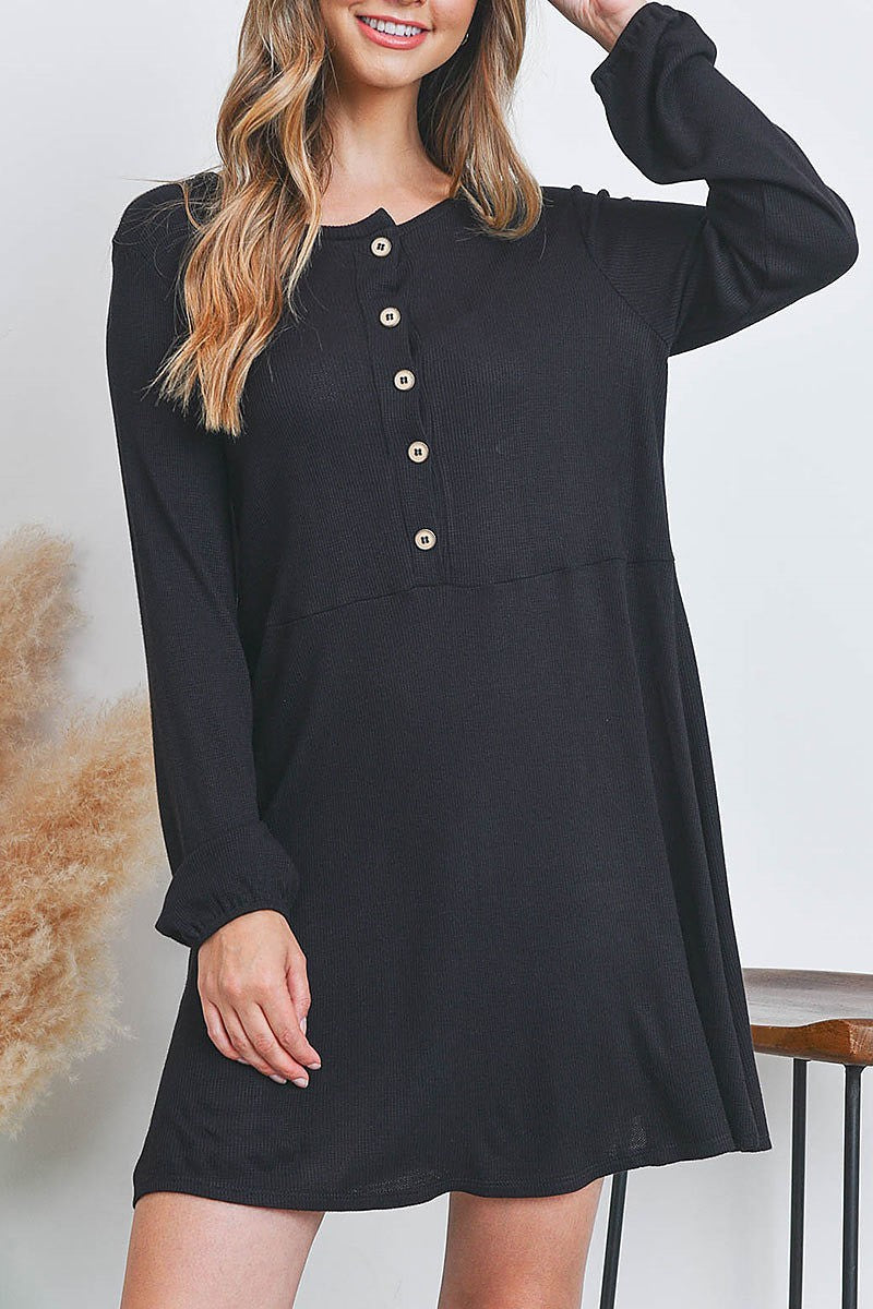 Button front bubble sleeve dress (DED6965)