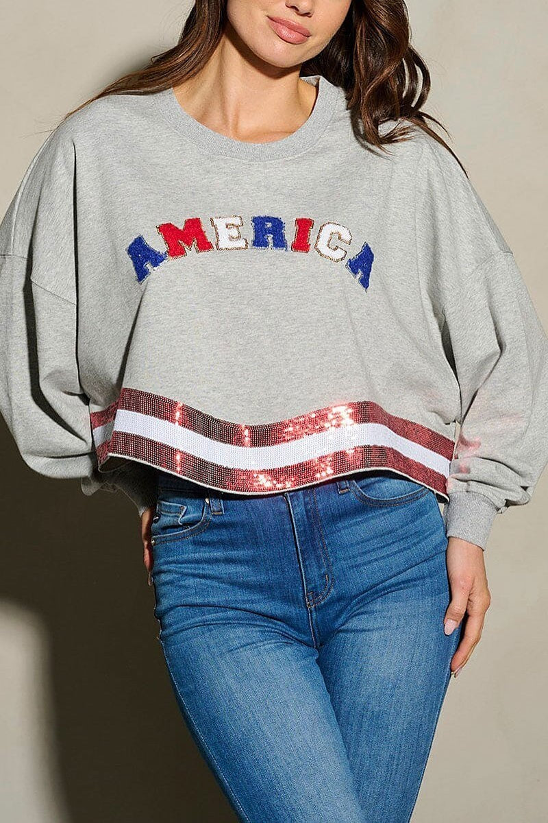 Long sleeve sequins america patriotic top (EFWT9740)