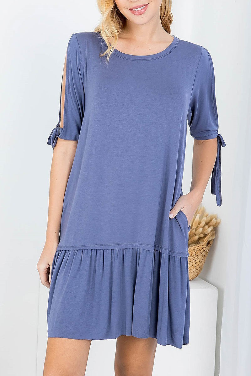 Open tie sleeve ruffle hem dress (DED7723)