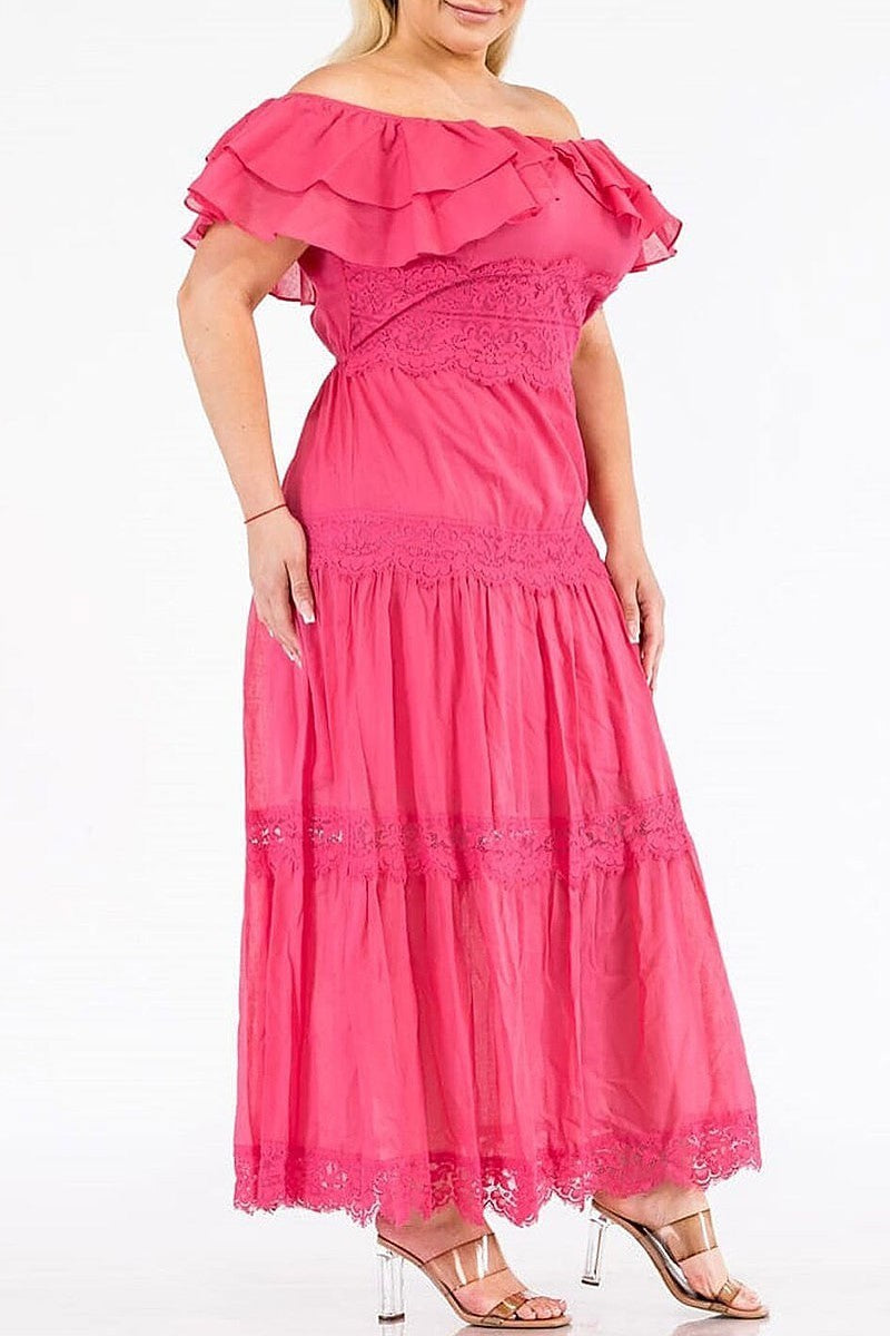 Off shoulder ruffle lace tiered maxi dress (EGWT1339)