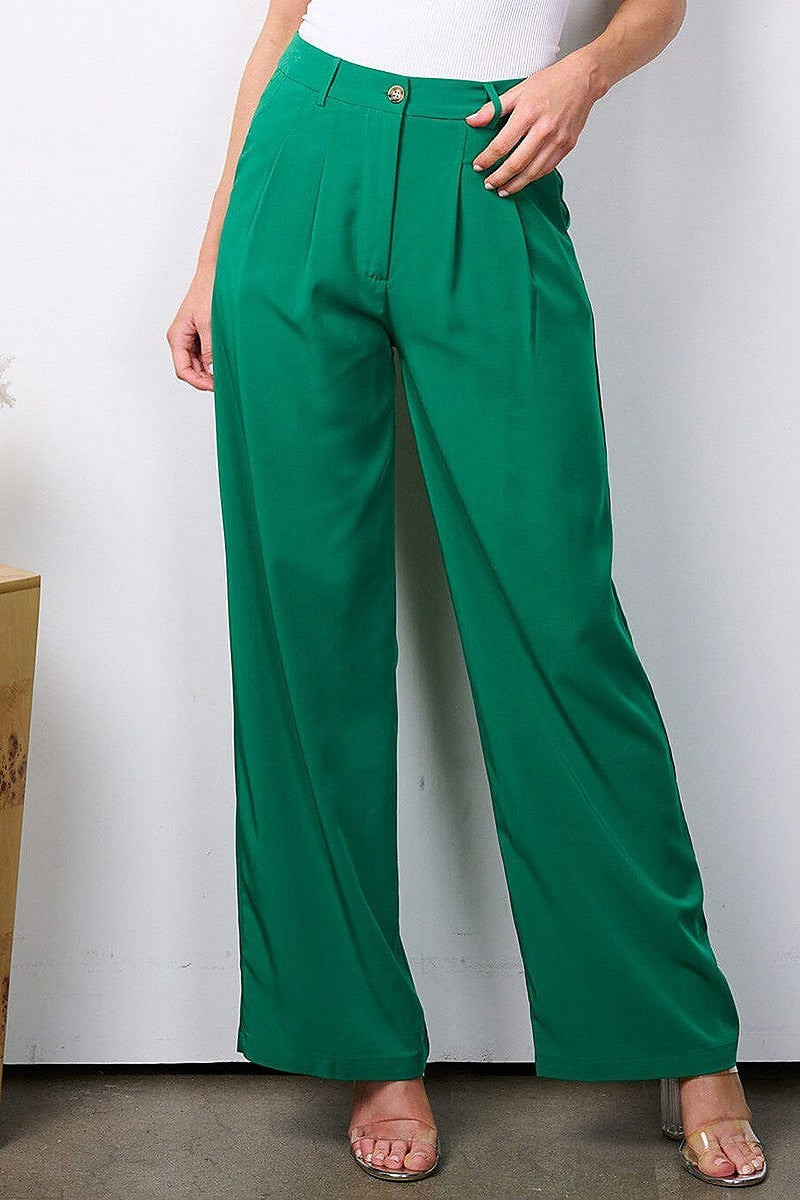 Button closure high waist wide leg pockets pants (EFWT7528)