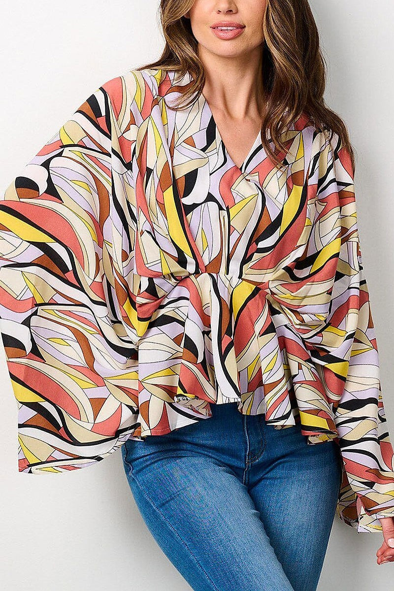 Bell sleeve v-neck tunic multi print blouse top (EFWT7827)