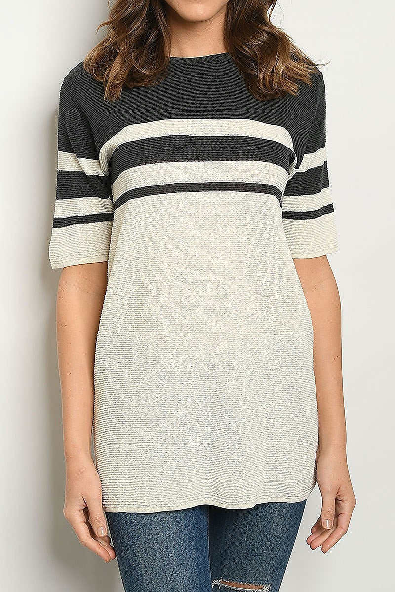 Crew neck stripe color block sweater top (ED7735-1)