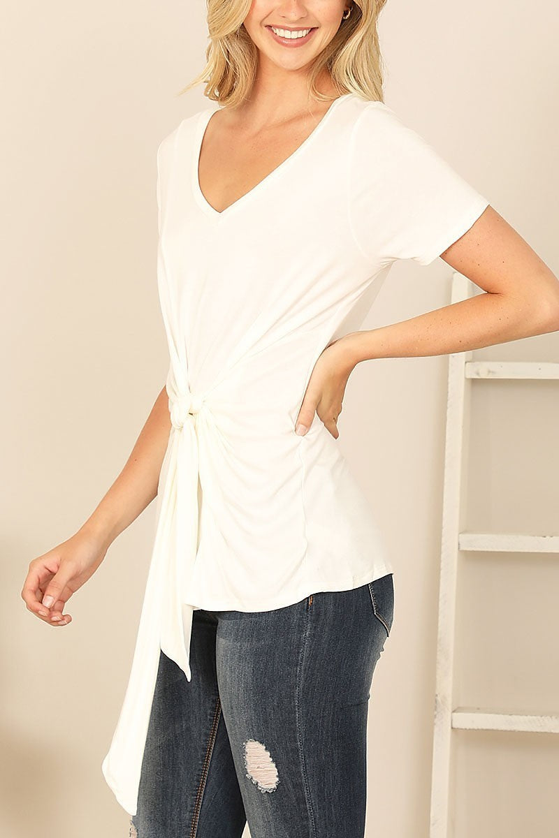 Short sleeve v-neck twist front solid top (EF7729)