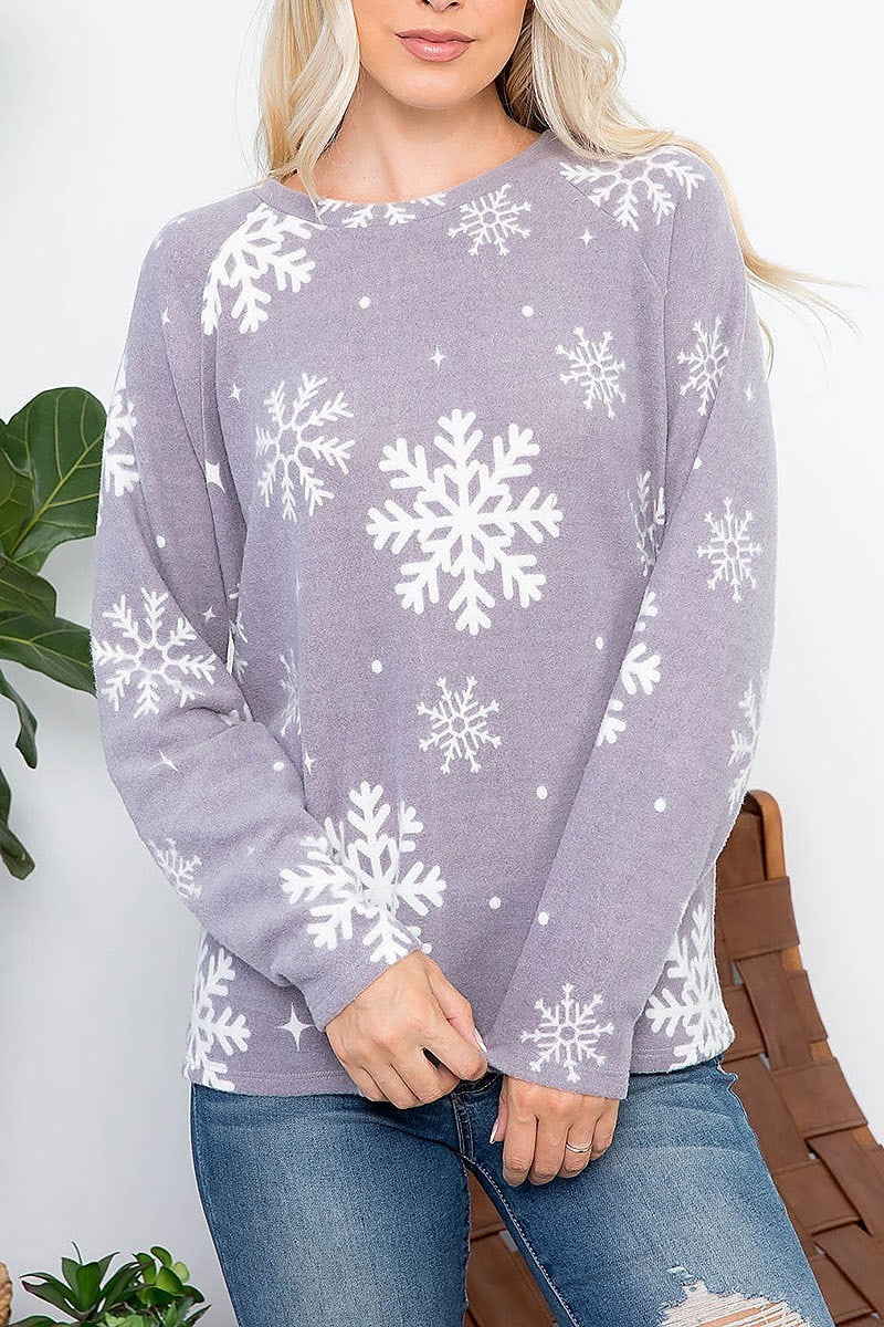 Snowflakes print long sleeve cashimer top (EF2398)