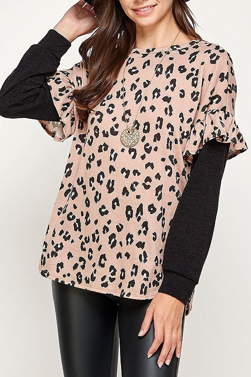 Animal print ruffel detail color block top (EF2235)