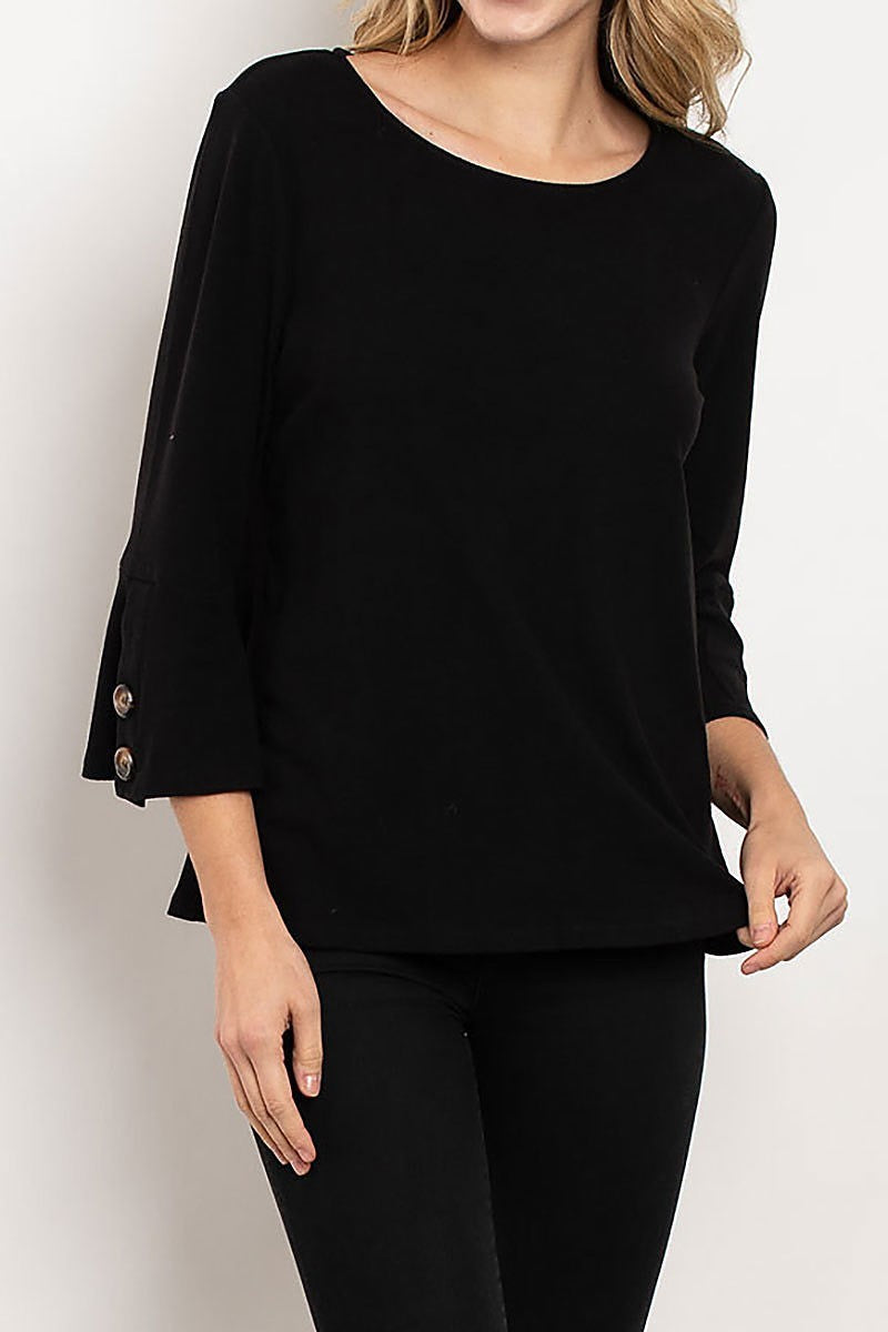 Button trimmed bell sleeve round neck top (ED7939)