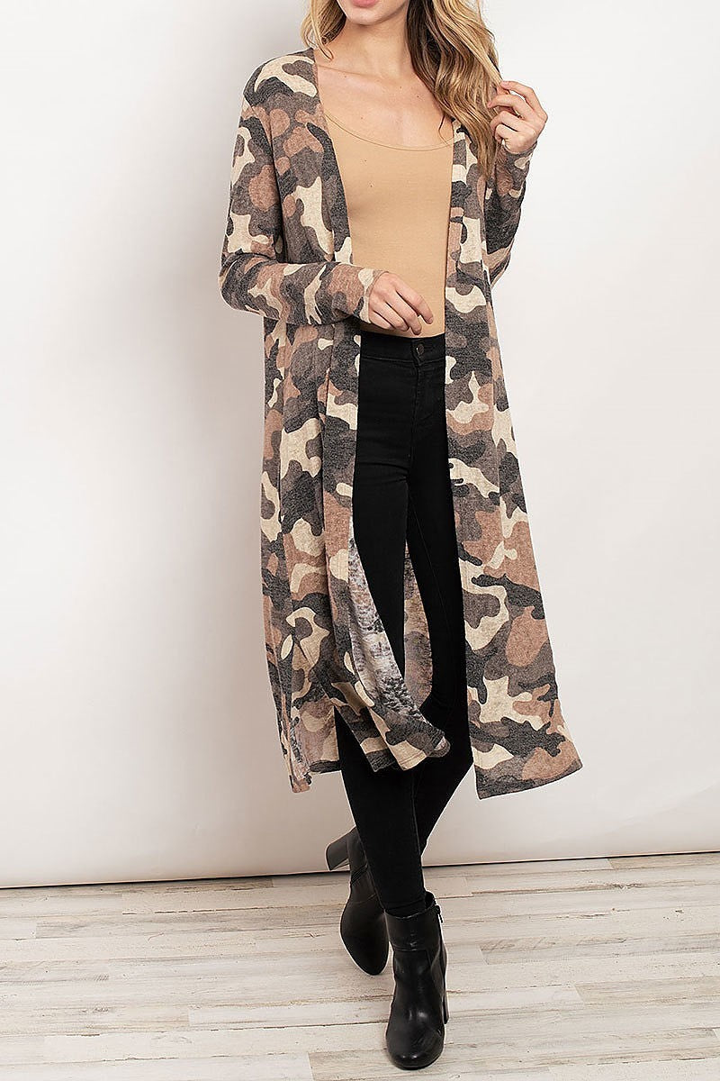 Camo print open front long kimono cardigan (ED7882-2)