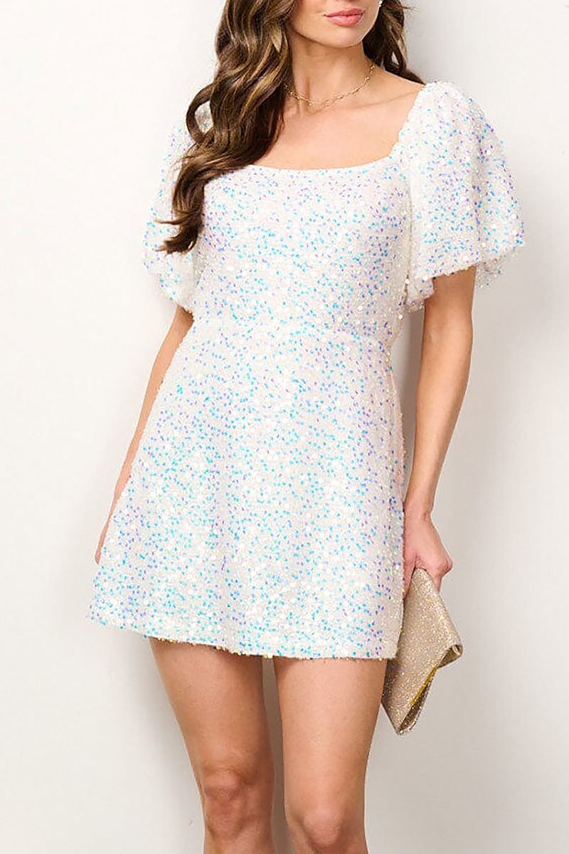 Short puff sleeve back tie sequins mini dress (EFWT6879)