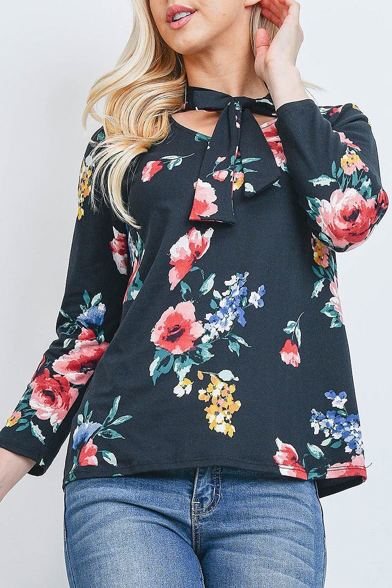 Tie neck detail floral print long sleeve top (EF2105)