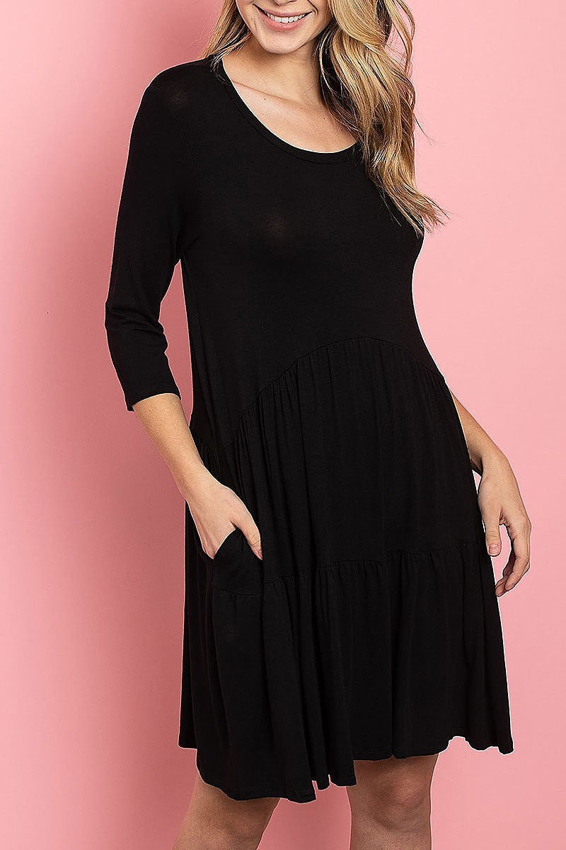 Round neck tiered layered pocket swing dress (DED5581-1)