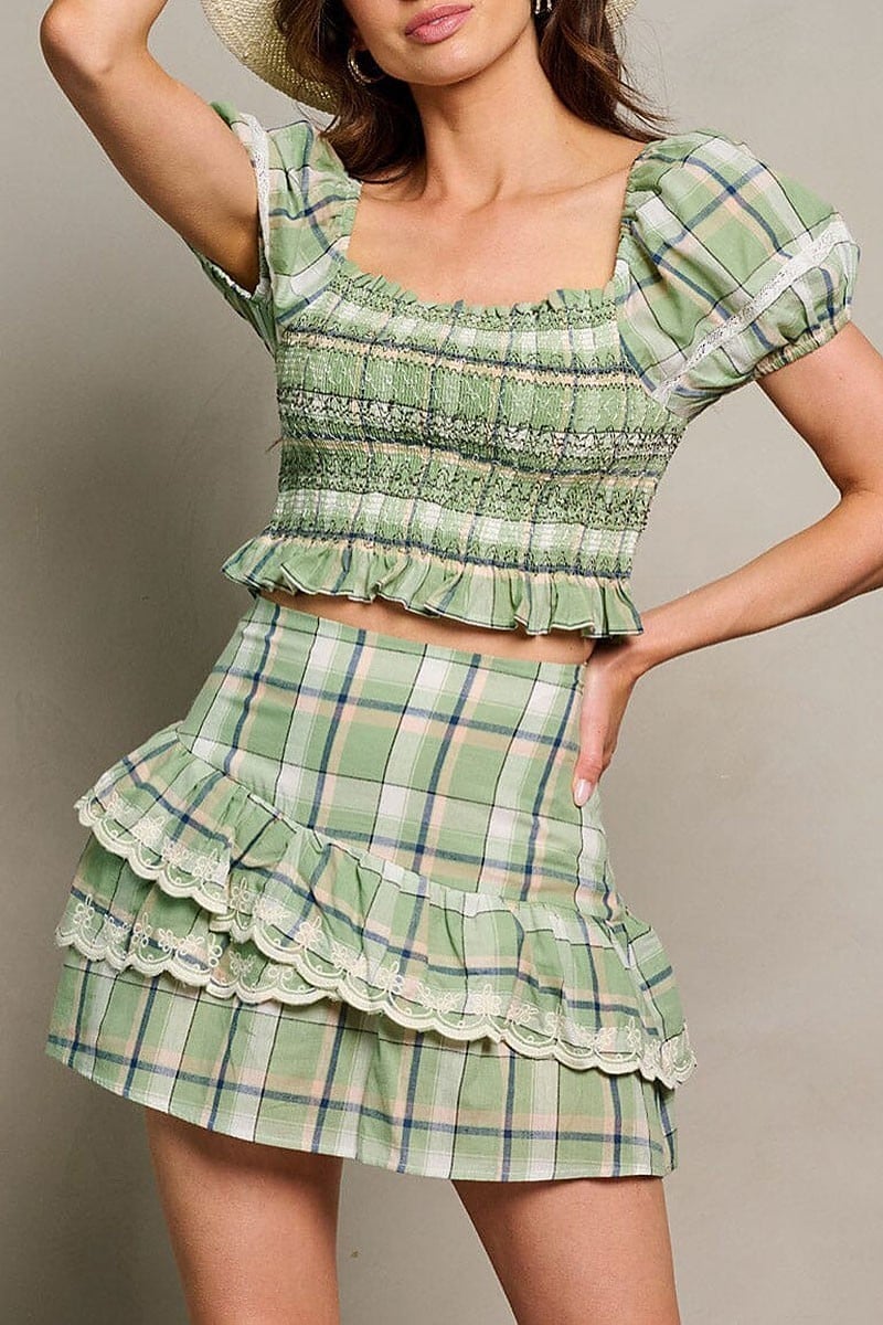 Short sleeve top & ruffle mini skirt plaid set (EGWT1868)