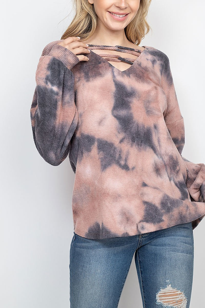 V neck chain strap long sleeve rib tie dye (EF2004)