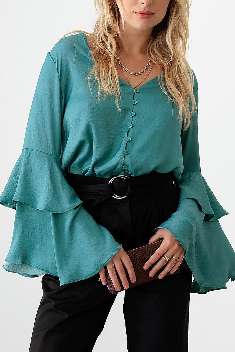 V neck ruffle bell sleeve bodysuit (TED2698)