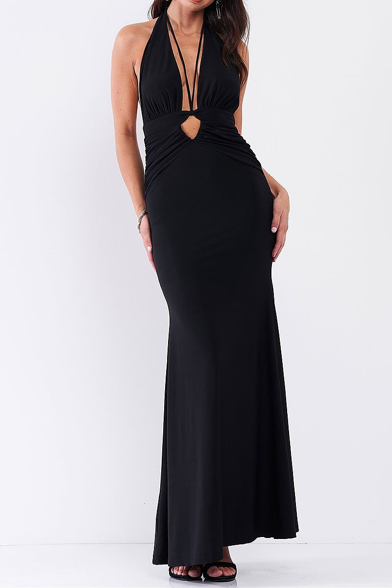 Halter neck front cutout detail ruched open back maxi dress (TDG7762-3)