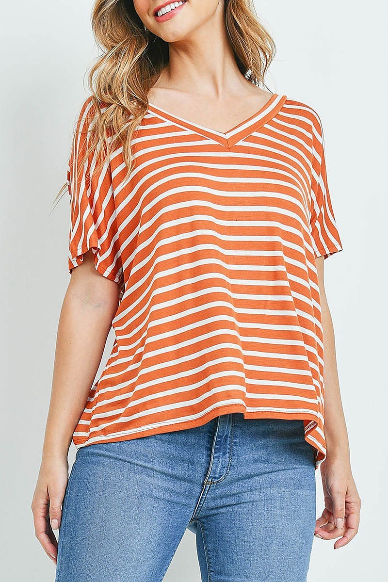 V neck stripe loose fit top (ED9531)