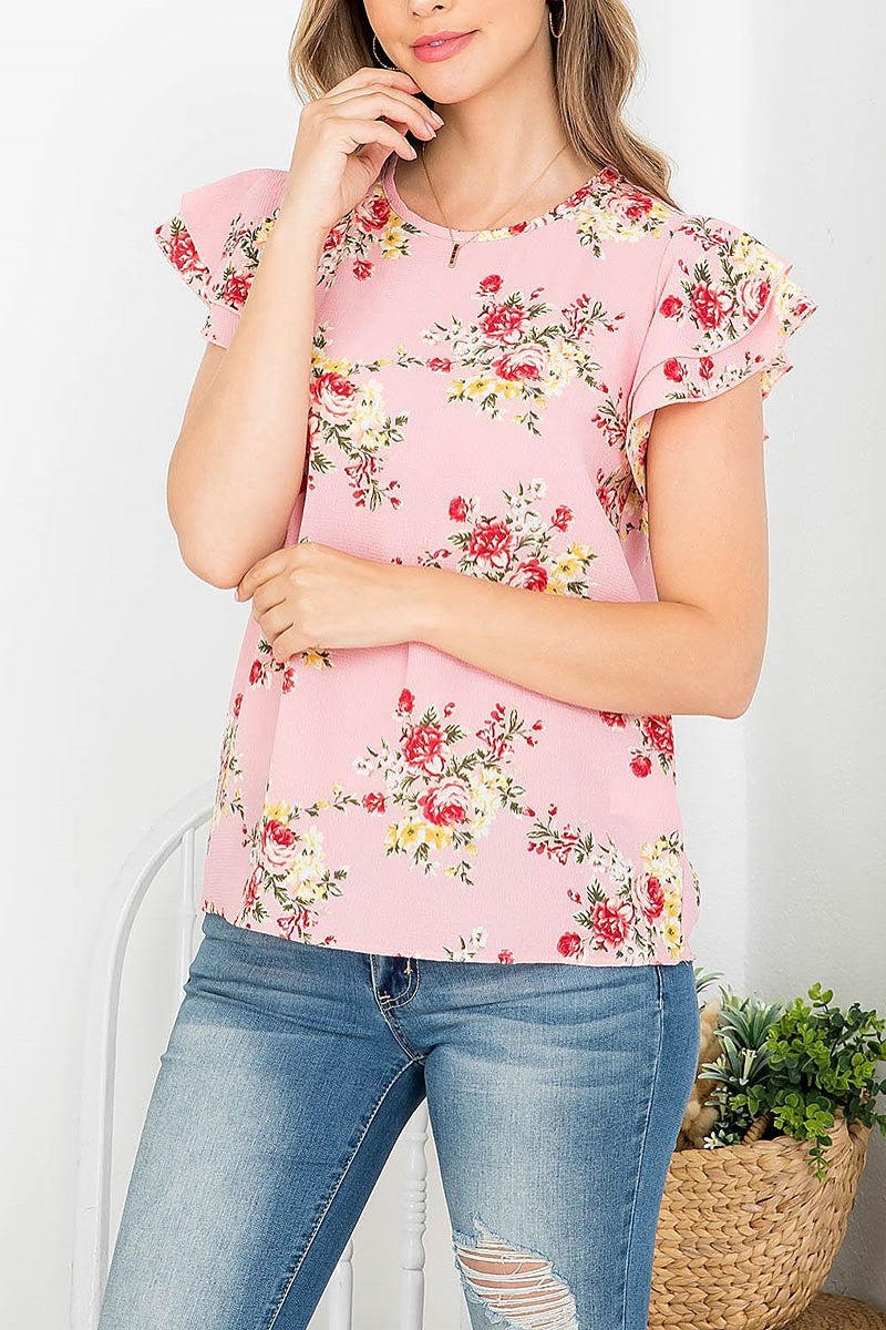 Floral ruffle sleeve round neck blouse (EF4375)