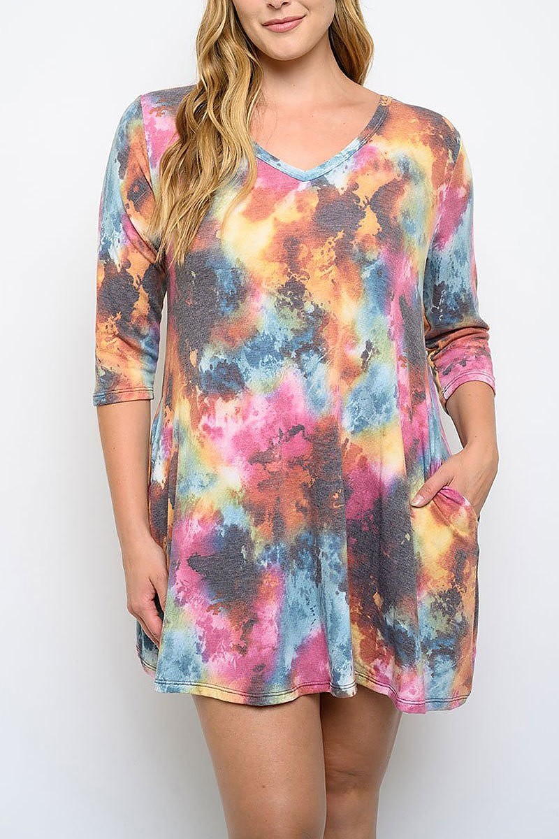 Tie dye v neck pocket dress (EDWT3089)