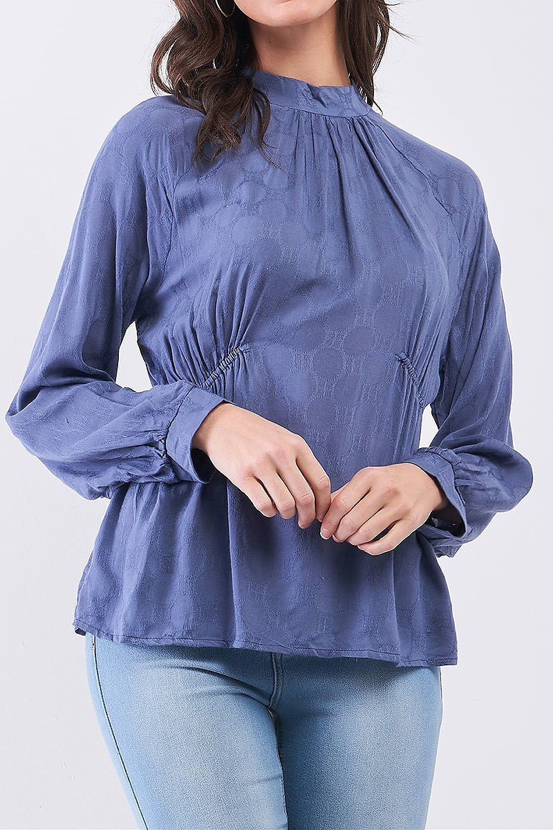 Circle patterned mock neck ruched detail top (TDG7911)